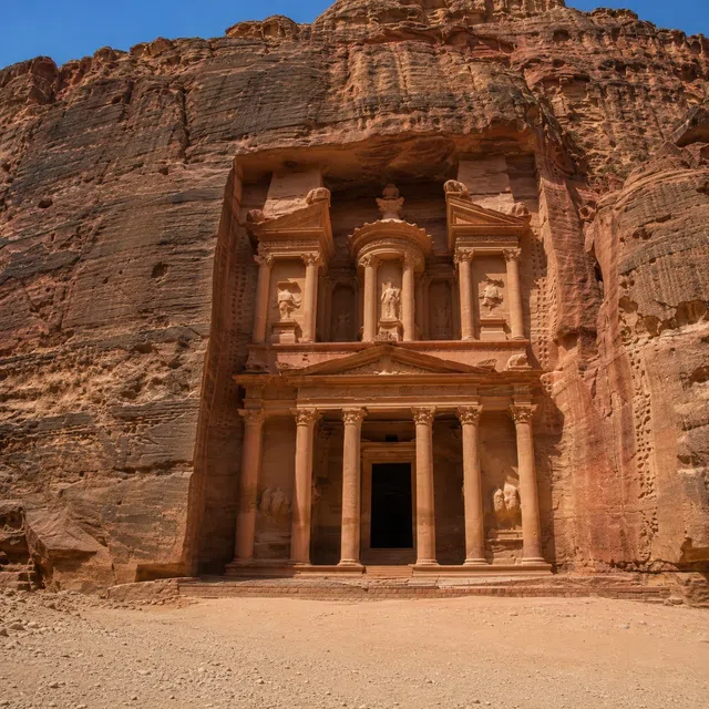 Petra'nın kırmızımsı kumtaşından yapılmış kaya cephesi