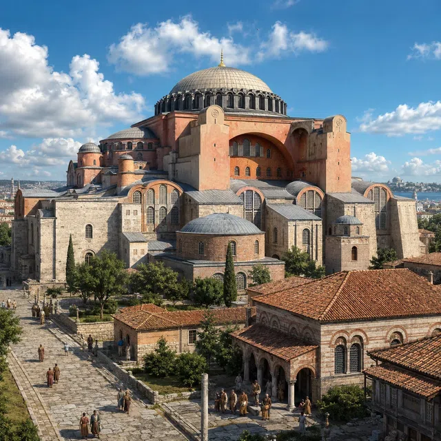 Hagia Sofia i Istanbul med stor kupol och minareter