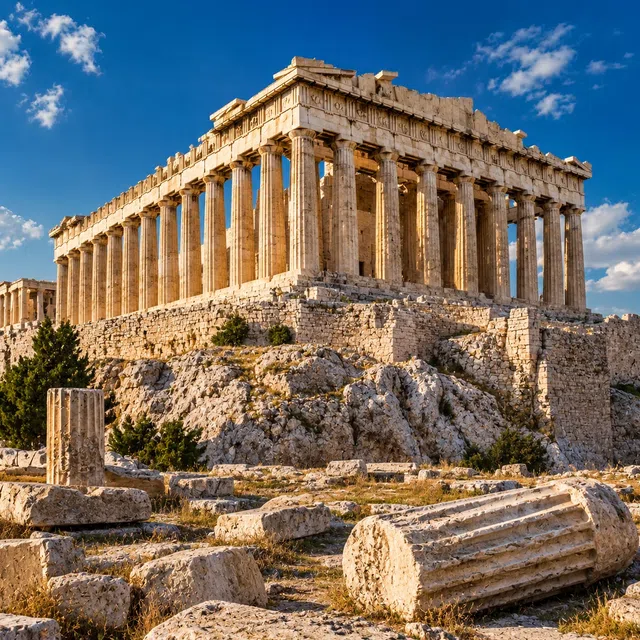 Atina Akropolü'nde mavi gökyüzünün altında Parthenon