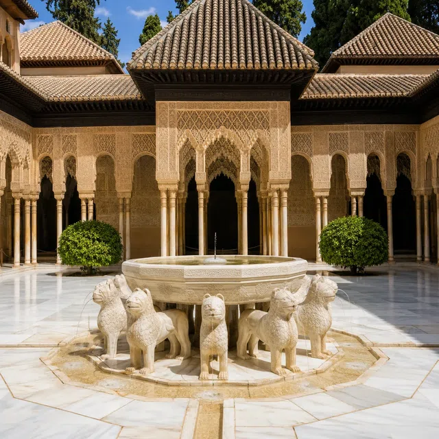 Innergård till Alhambra i Granada med islamisk arkitektur och fontän