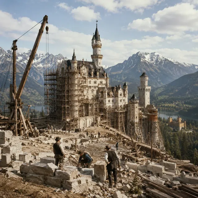 Bavyera'da bir Alp manzarasının önünde Neuschwanstein Şatosu