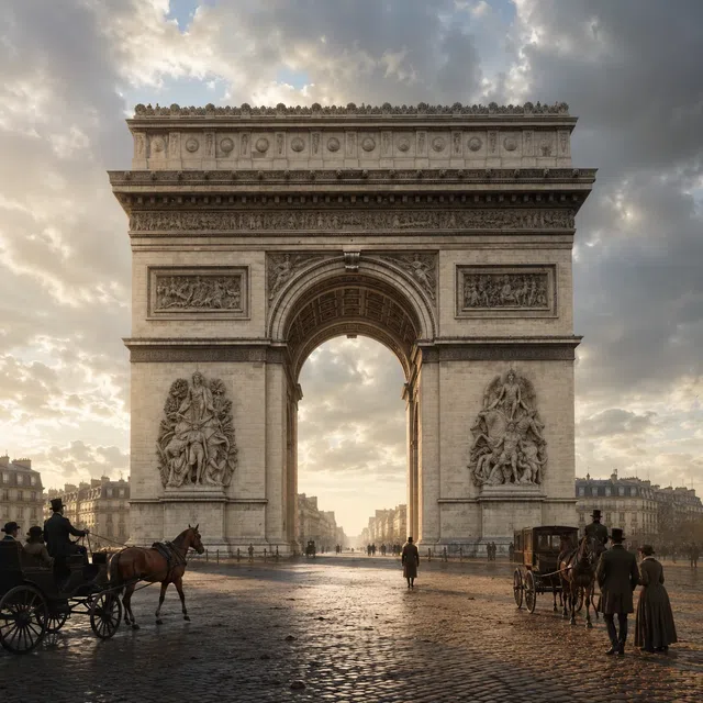 Arc de Triomphe à Paris avec une large rue et un paysage urbain historique