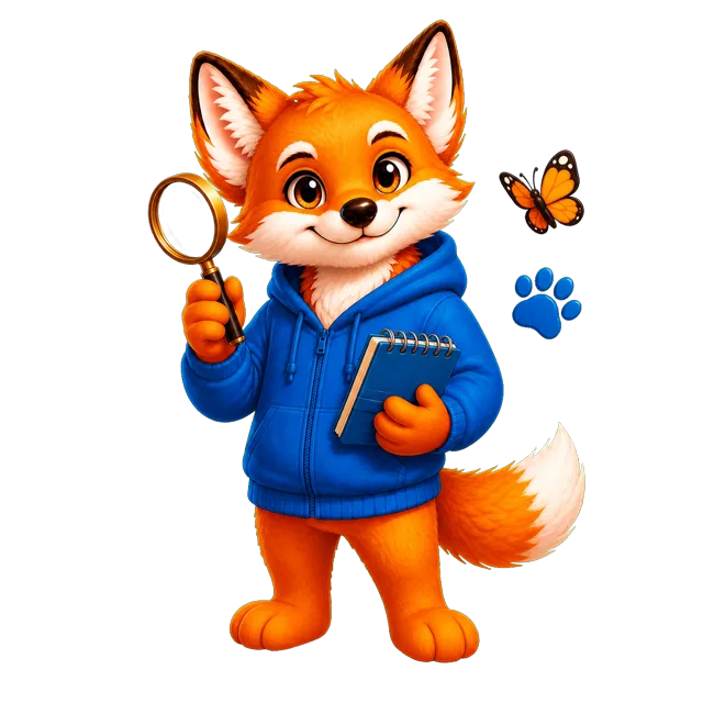 Rixi, le renard mascotte de Quizpion, représenté en pied avec une tenue thématique pour le quiz Animaux