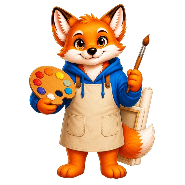 Rixi, le renard mascotte de Quizpion, représenté en pied avec une tenue thématique pour le quiz Art