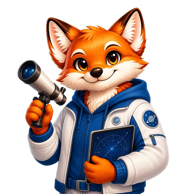 Rixi, le renard mascotte de Quizpion, représenté en pied avec une tenue thématique pour le quiz Astronomie et espace