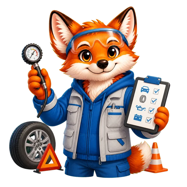 Rixi, le renard mascotte de Quizpion, représenté en pied avec une tenue thématique pour le quiz Automobile et mobilité