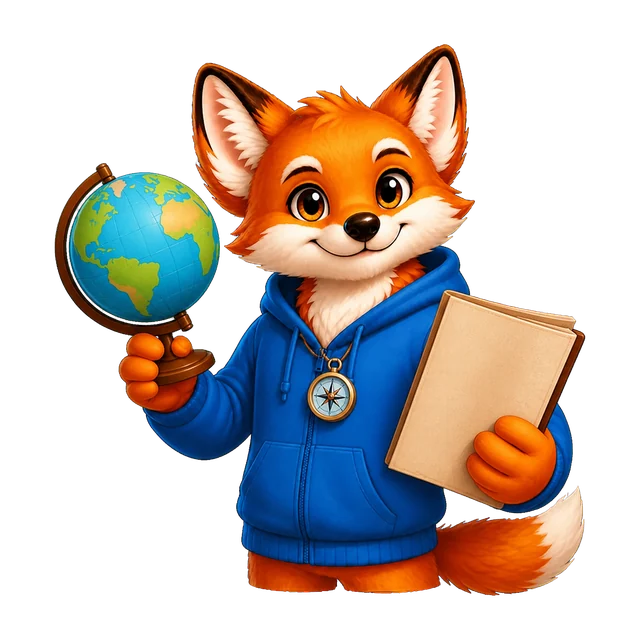 Rixi, le renard mascotte de Quizpion, représenté en pied avec une tenue thématique pour le quiz Pays et cultures