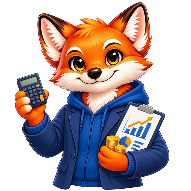 Rixi, le renard mascotte de Quizpion, représenté en pied avec une tenue thématique pour le quiz Économie et entreprises