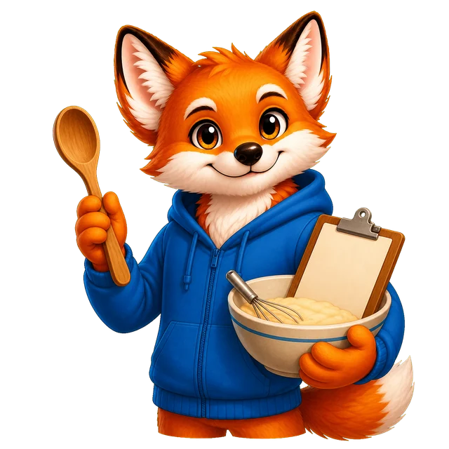 Rixi, le renard mascotte de Quizpion, représenté en pied avec une tenue thématique pour le quiz Gastronomie et boissons