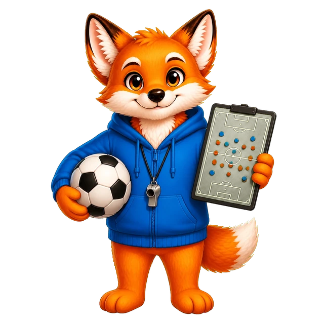 Rixi, le renard mascotte de Quizpion, représenté en pied avec une tenue thématique pour le quiz Football