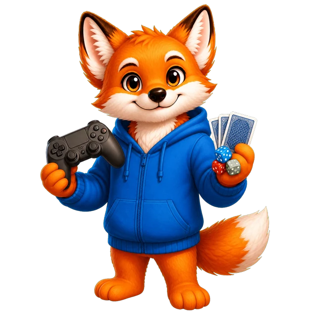 Rixi, le renard mascotte de Quizpion, représenté en pied avec une tenue thématique pour le quiz Jeux vidéo et jeux de société