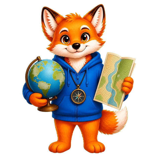 Rixi, le renard mascotte de Quizpion, représenté en pied avec une tenue thématique pour le quiz Géographie