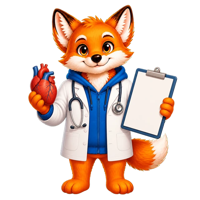 Rixi, le renard mascotte de Quizpion, représenté en pied avec une tenue thématique pour le quiz Santé et corps humain
