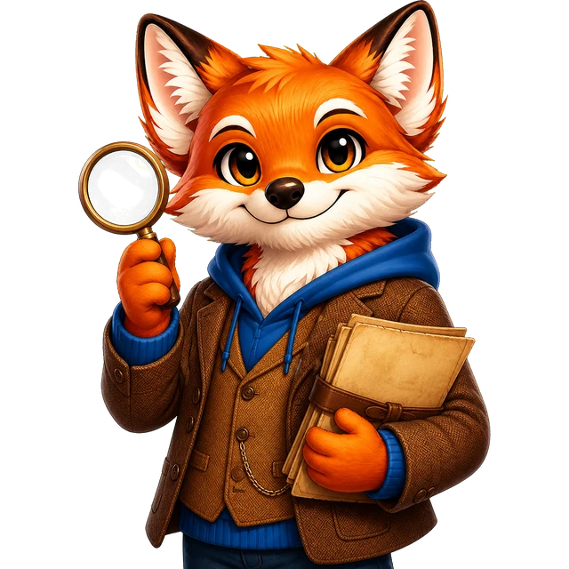 Rixi, le renard mascotte de Quizpion, représenté en pied avec une tenue thématique pour le quiz Histoire