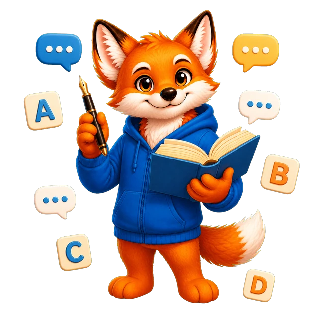 Rixi, le renard mascotte de Quizpion, représenté en pied avec une tenue thématique pour le quiz Langue et mots