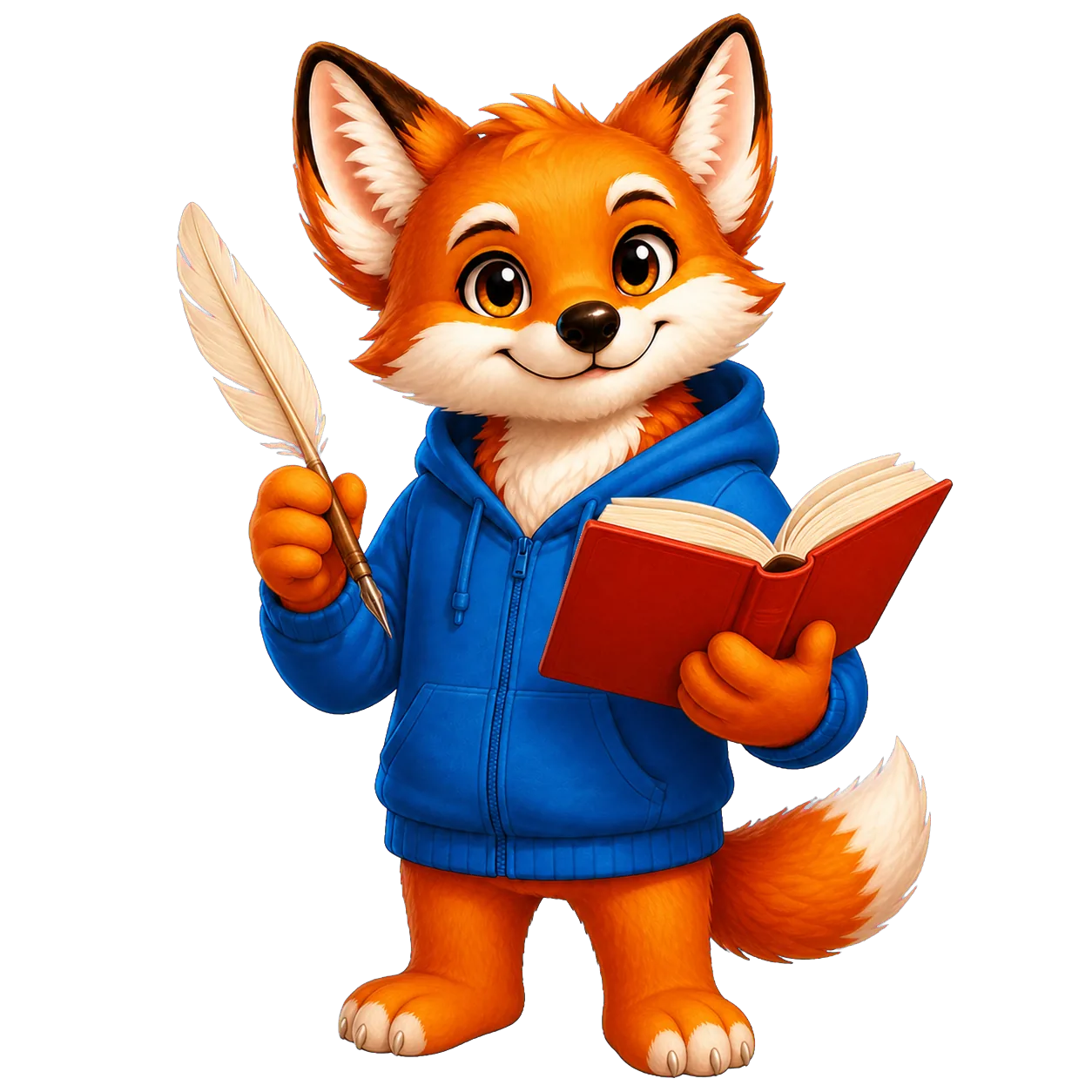 Rixi, le renard mascotte de Quizpion, représenté en pied avec une tenue thématique pour le quiz Littérature