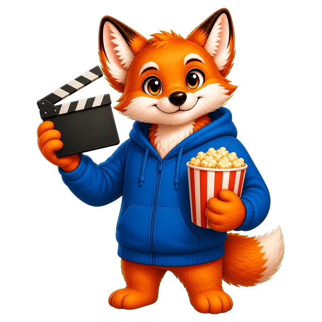 Rixi, le renard mascotte de Quizpion, représenté en pied avec une tenue thématique pour le quiz Films