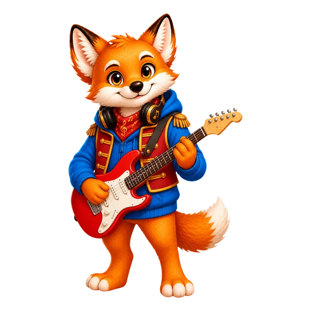 Rixi, le renard mascotte de Quizpion, représenté en pied avec une tenue thématique pour le quiz Musique
