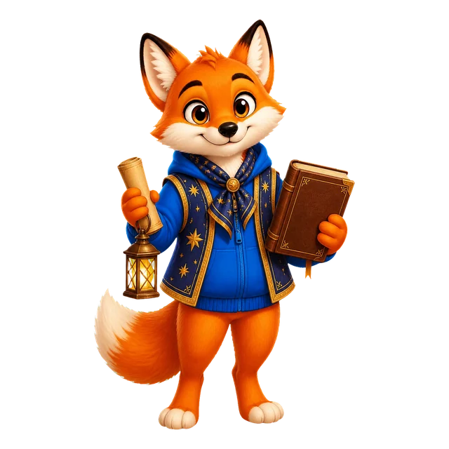 Rixi, le renard mascotte de Quizpion, représenté en pied avec une tenue thématique pour le quiz Mythologie et religion