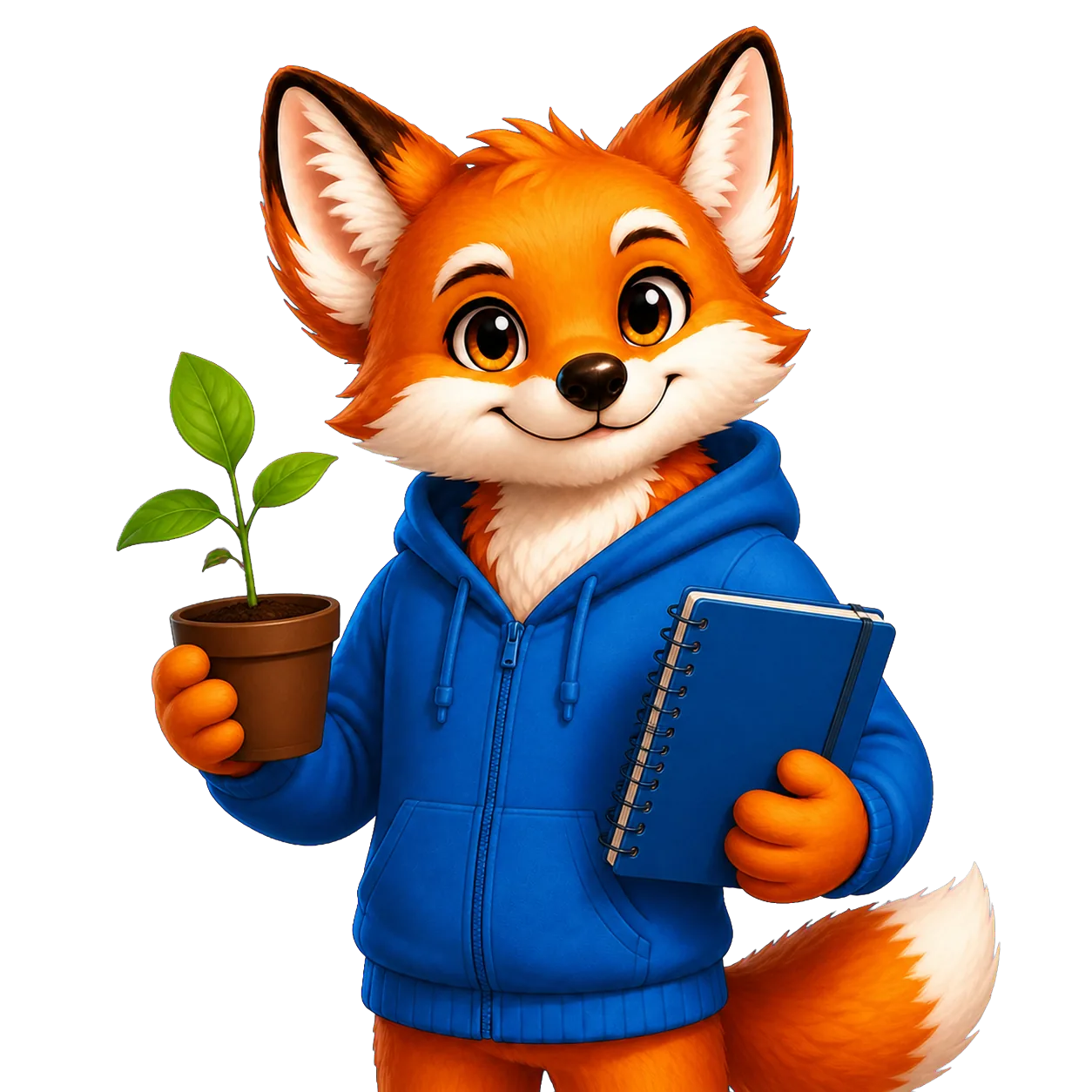 Rixi, le renard mascotte de Quizpion, représenté en pied avec une tenue thématique pour le quiz Nature et environnement