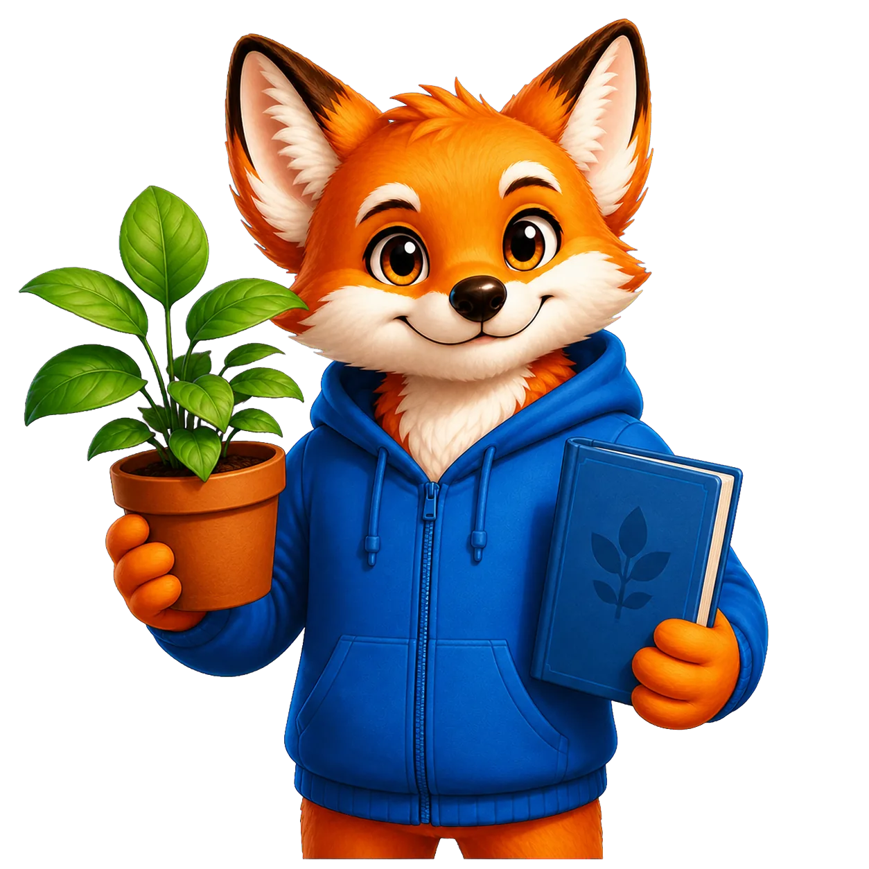 Rixi, le renard mascotte de Quizpion, représenté en pied avec une tenue thématique pour le quiz Plantes