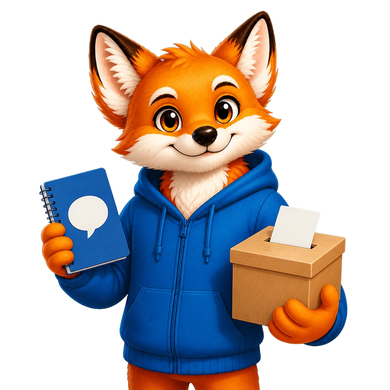 Rixi, le renard mascotte de Quizpion, représenté en pied avec une tenue thématique pour le quiz Politique et société