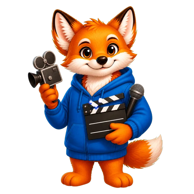 Rixi, le renard mascotte de Quizpion, représenté en pied avec une tenue thématique pour le quiz Culture pop et célébrités