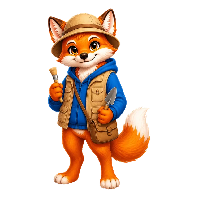 Rixi, le renard mascotte de Quizpion, représenté en pied avec une tenue thématique pour le quiz Dinosaures et préhistoire