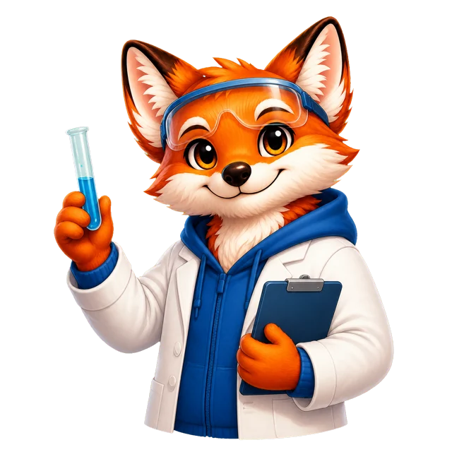 Rixi, le renard mascotte de Quizpion, représenté en pied avec une tenue thématique pour le quiz Sciences