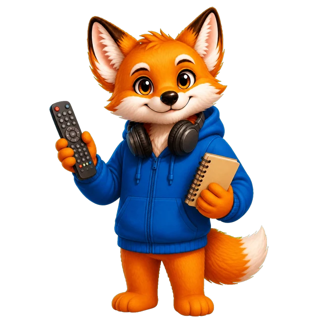 Rixi, le renard mascotte de Quizpion, représenté en pied avec une tenue thématique pour le quiz Séries