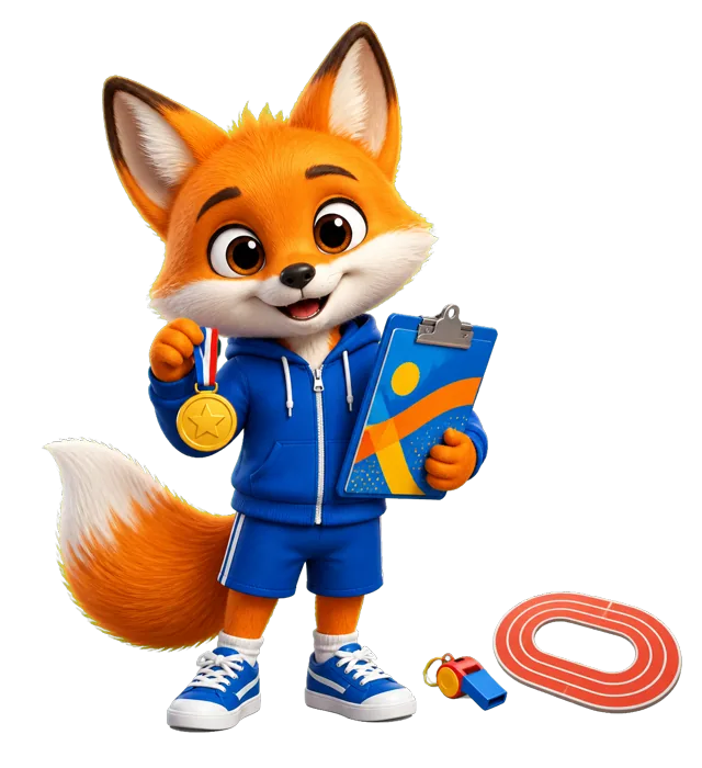 Rixi, le renard mascotte de Quizpion, représenté en pied avec une tenue thématique pour le quiz Sports