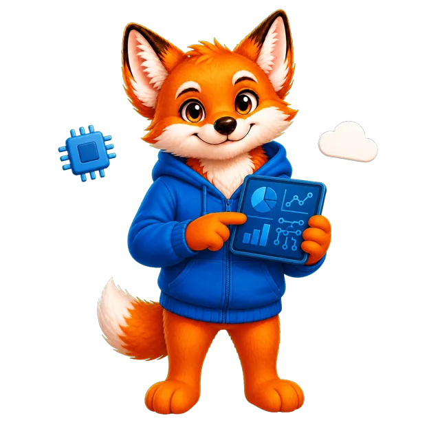 Rixi, le renard mascotte de Quizpion, représenté en pied avec une tenue thématique pour le quiz Technologie et numérique