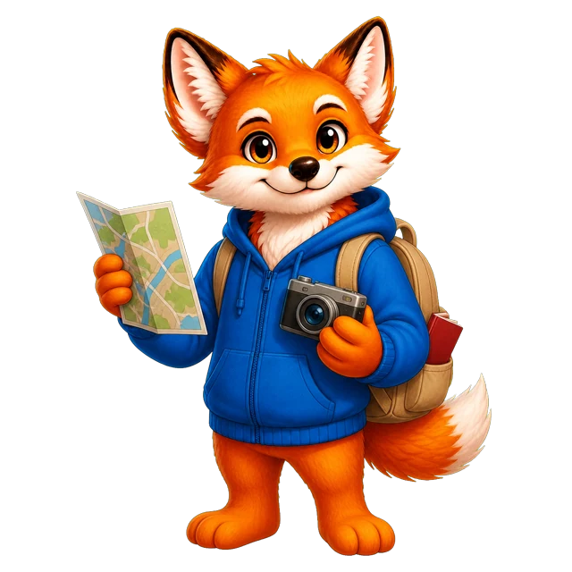 Rixi, le renard mascotte de Quizpion, représenté en pied avec une tenue thématique pour le quiz Voyages et sites remarquables